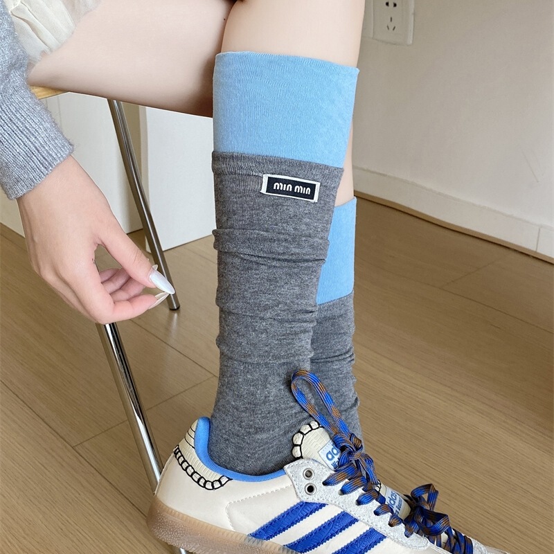 Miu Color-Block Letter Fabric Label Calf Socks for Women Ins Retro High-End Knee-High Slouch Socks Japanese Long Socks
