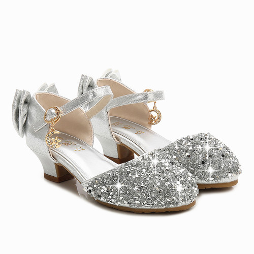  New Summer Korean Style Girls' High-Heeled Sandals Children's Versatile Princess Shoes Silver Color Little Girls' Cap-Toe Shoes