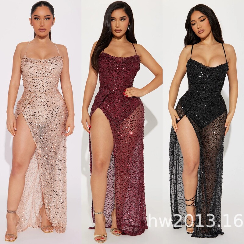 2024 Spring and Summer Cross-Border Amazon Women's Suspender Backless Small Sequin Slit Sexy Slim Long Skirt Factory Direct Sales