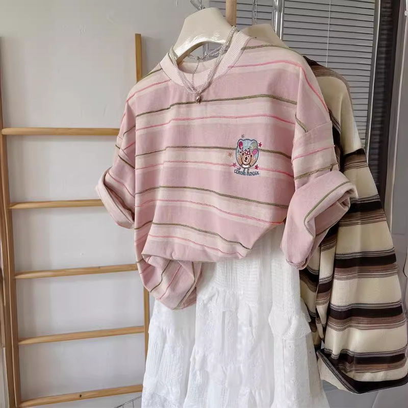 100% Cotton Pink Striped T-shirt Women's Summer Niche Design Sense Ins Trendy Cartoon Embroidered Short Sleeve Top