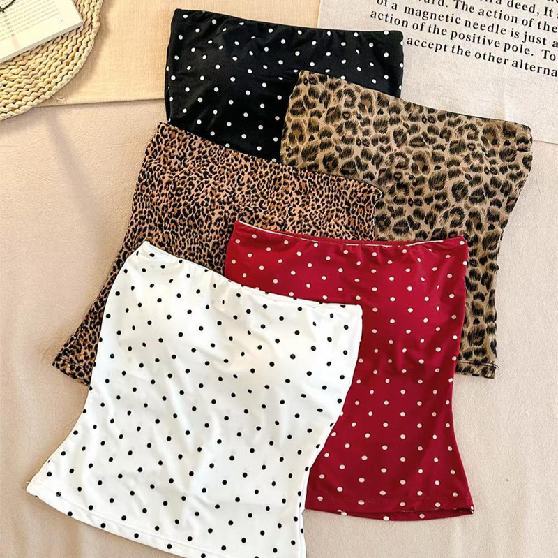 Retro Polka Dot Leopard Print Strapless Top with Chest Pads for Women, Summer Slim-Fit Short Wrap-Top, Pure and Alluring, Anti-Exposure for Hot Girls
