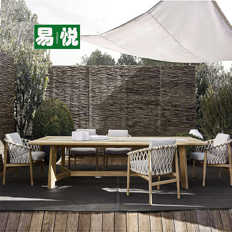Jardín al aire libre terraza de madera maciza cuerda trenzada mesas y sillas al aire libre residencial mesas y sillas patio jardín villa de teca birmana mesas y sillas