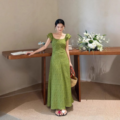 DIGM 南フランスリゾートスタイル花柄バックレスフライングスリーブロングスカート 2025 春夏ウエストドレス女性 A19438