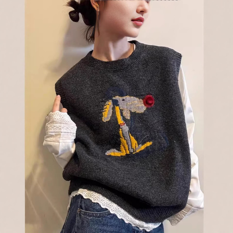 Puppy Jacquard Knit Sweater Sleeveless Vest for Women, Fashionable and Stylish for Spring and Autumn, Extremely Beautiful and Unique, Perfect for Layering