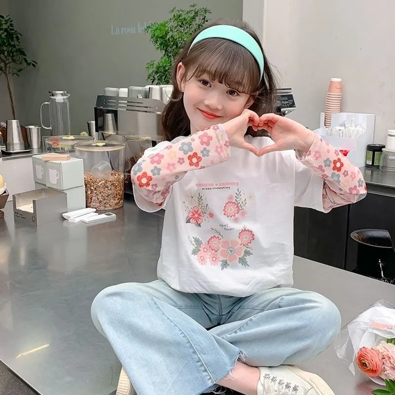 여자 여름 스플 라이스 선 스크린 슬리브 가짜 투피스 티셔츠 어린이 외국 스타일 반팔 스플 라이스 메쉬
