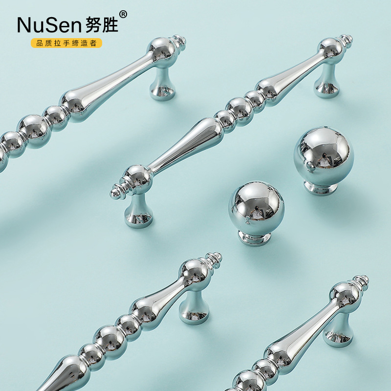 努勝美式衣櫃純銅亮銀色球形拉手北歐全銅鍍鉻抽屜單孔黃銅門把手