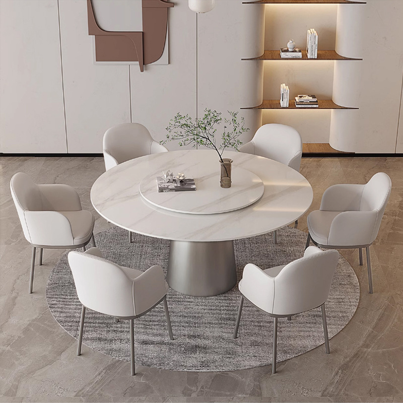 Luz de lujo italiano minimalista brillante roca placa redonda mesa con tocadiscos moderno minimalista hogar de alta gama de acero inoxidable mesa de comedor redonda