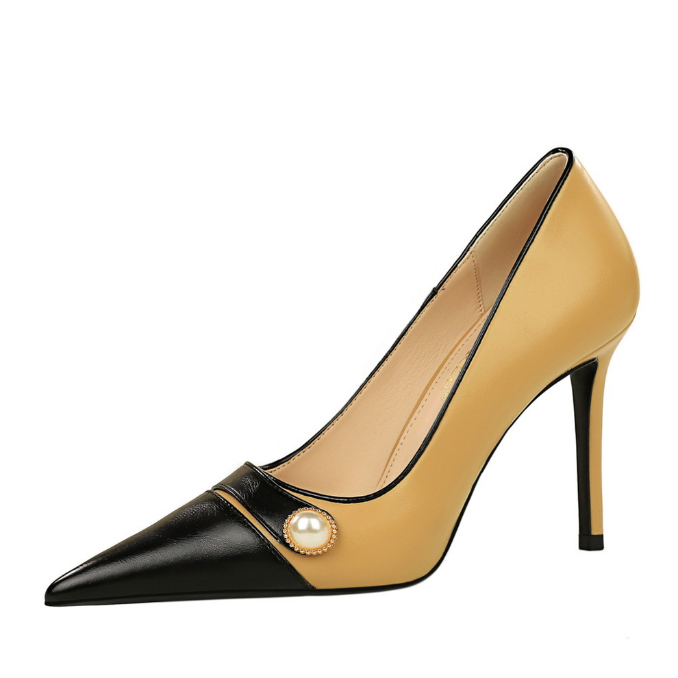 1198-H50 Vintage Style High Heels Slim Heels Ultra High Heels Shallow Mouth Pointed Pearl Contrast Pointed Women's Singles