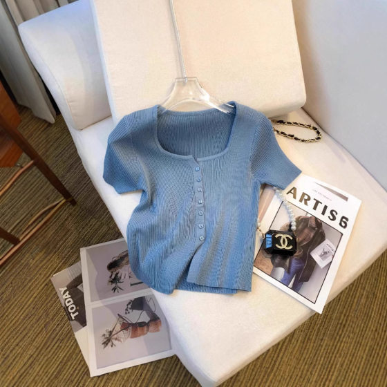 High-end Elegant Fashion Short-sleeved T-shirt Women's Summer Thin Small Cardigan Slim-fit Slimming All-match Knitted V-neck Top