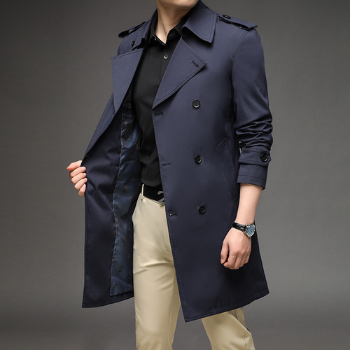 男装品质格调_男式大衣双排扣有腰带秋季中长款外套一件代发