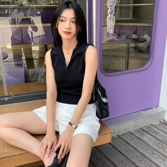 Fashion Little Red Book same style Polo collar shoulder T-shirt sleeveless bottoming shirt pit knitted vest wholesale