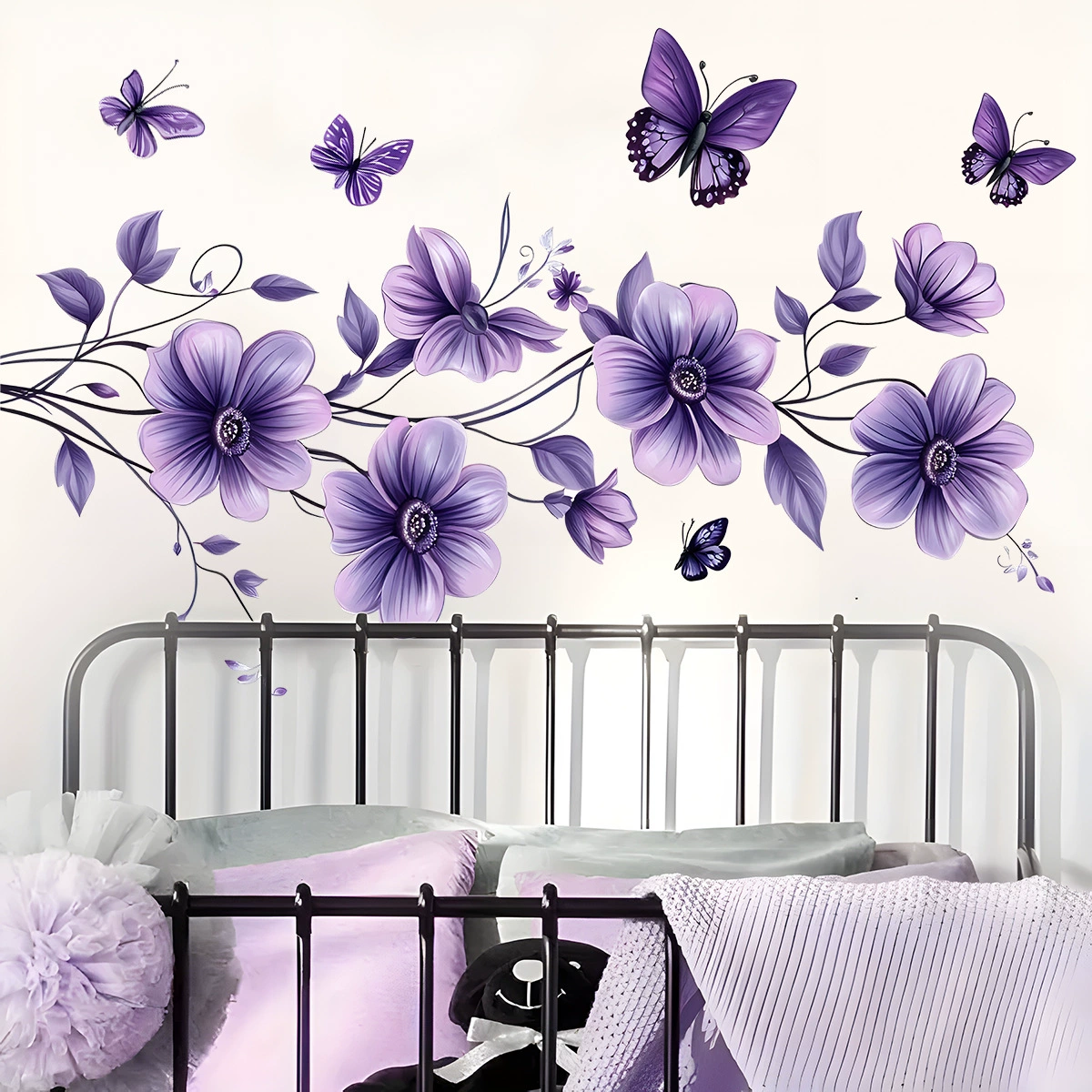 Наклейка на стену Purple Butterfly Flower, новый AD9209, спальня, гостиная, фон, съемная самоклеящаяся наклейка