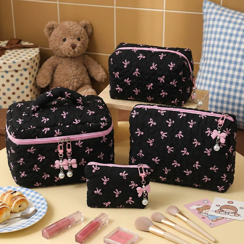 Cosmetic Bag Organizer, Bow Accent Wallet Style, 14×10×2 cm, Lightweight Portable