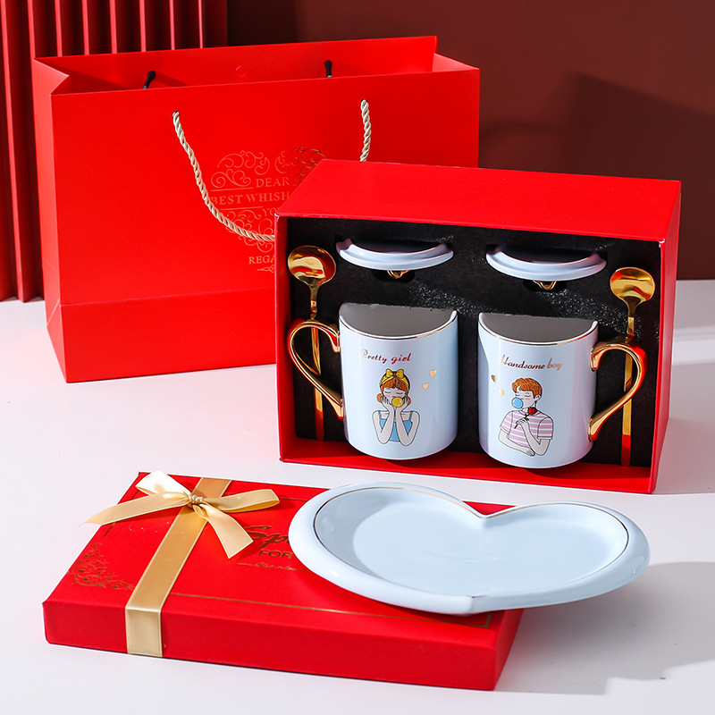 Boda pareja Copa par caja de regalo traje de boda Taza de cerámica par taza regalo festivo regalo