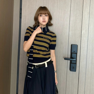 Mium Silk Cashmere Lapel Striped Cashmere Sweater Knitted Sweater Elegant Commuter Short-Sleeved Contrast Color Top All-Match