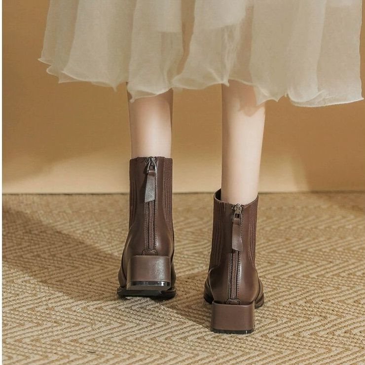 French-Style Brown High-Heeled Short Boots, Chunky Heel Slim Boots, Ankle Boots, Sock Boots, Women's Martin Boots, Spring and Autumn Chelsea Boots, Melard