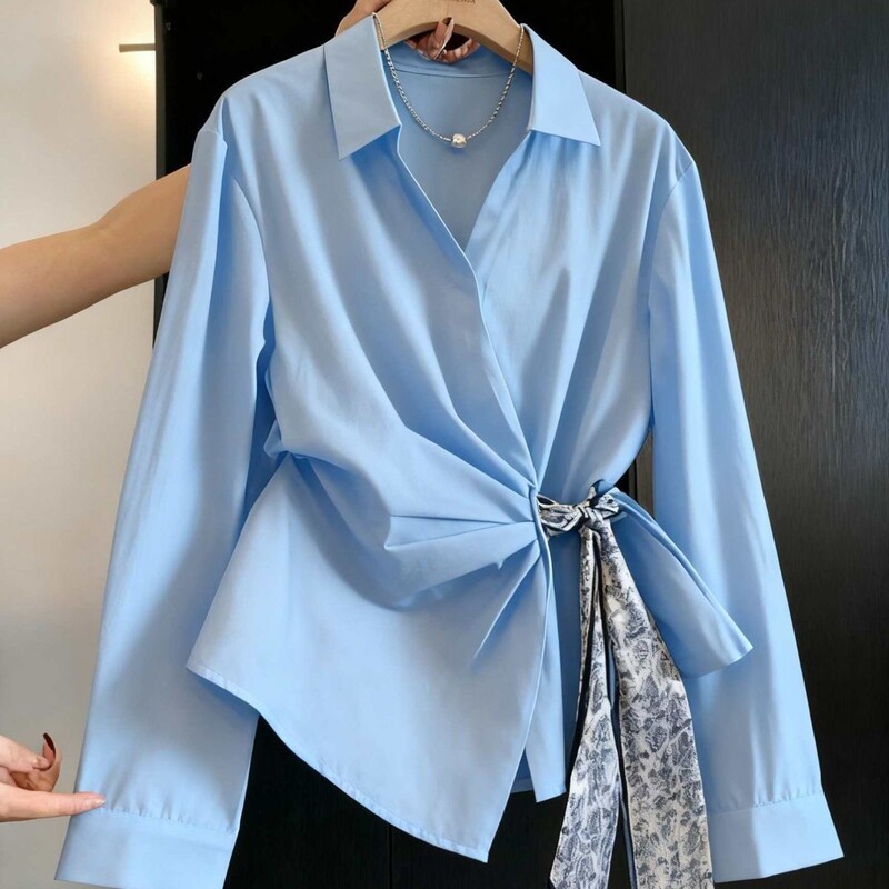 Guangzhou Thirteen Lines High-Quality Popular Style ~ French Style High-End Asymmetrical Silk Scarf Tie Long-Sleeve Shirt for Women in Autumn