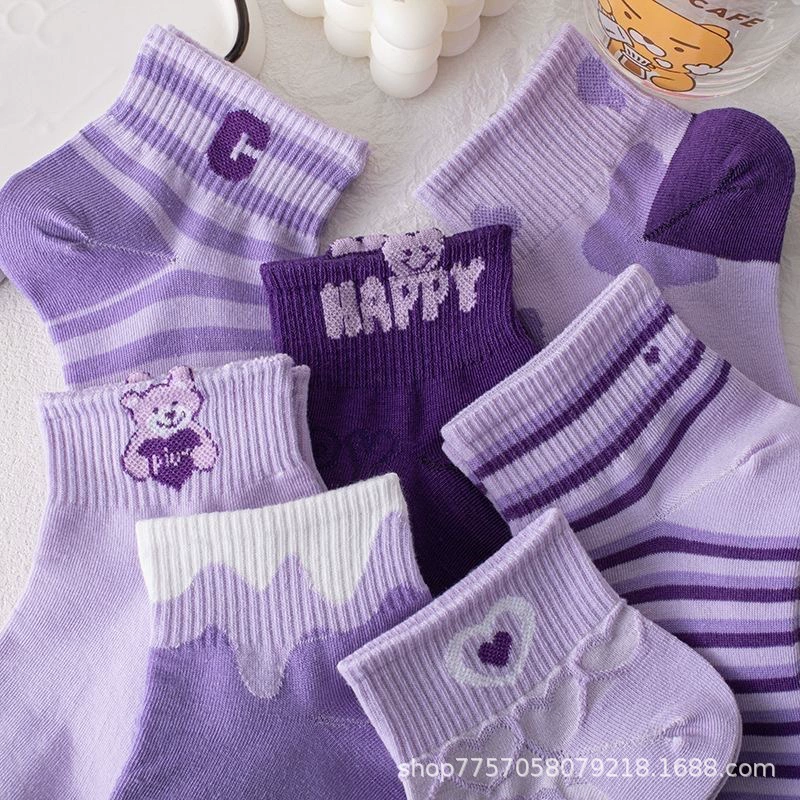 Фиолетовые носки Женская весна, лето, легкий рот, прилив, милые трехмерные медведи, японские тонкие дикие дышащие носки, короткие носки