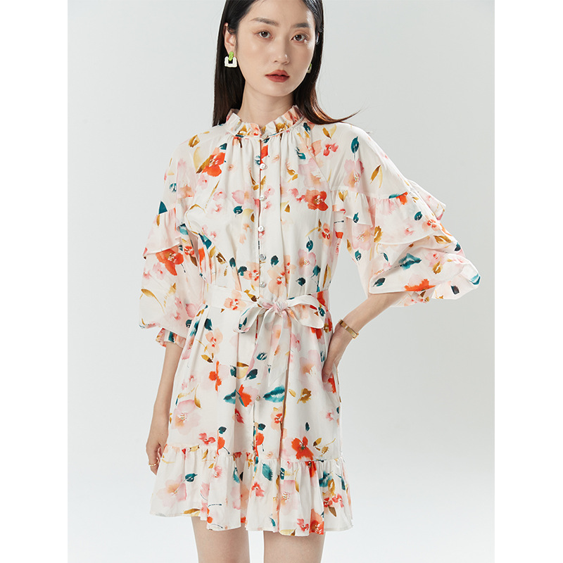 Long Sleeve Dress Summer French Printed Viscose High Quality Slim Fit Women's New Design Sense Niche Sunscreen Midi Dress