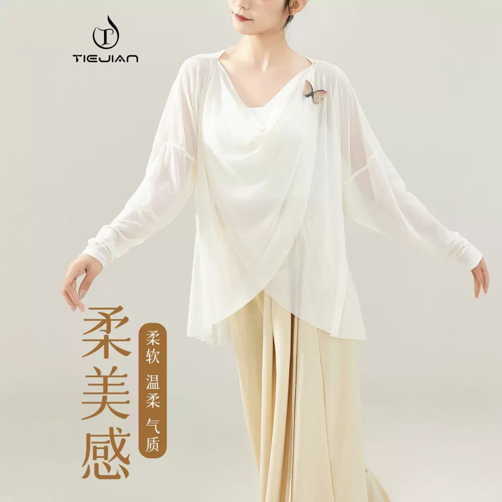 夏季舞蹈服女古典白色飘逸宽松网纱形体练功中国长袖成人跳舞上衣