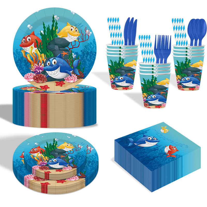 Ocean Theme Birthday Disposable Tableware Party Supplies Party Layout Paper Plate Paper Towel Paper Cup Set Wholesale