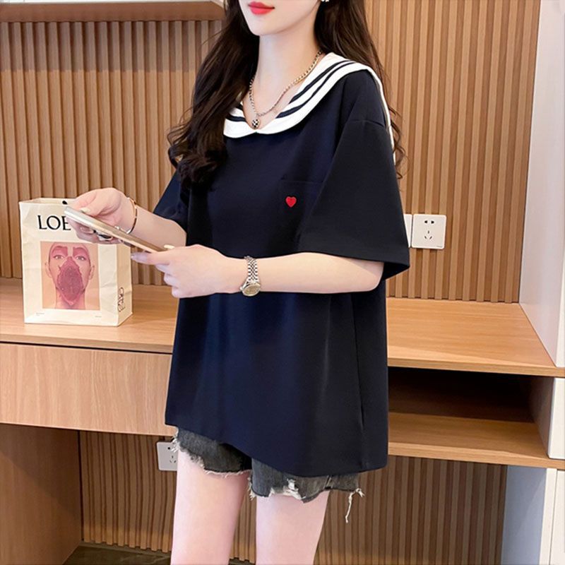순수 코튼 대학 스타일 연령 감소 네이비 칼라 반팔 티셔츠 여성 2025 여름 플러스 사이즈 지방 MM 가짜 투피스 탑 트렌디