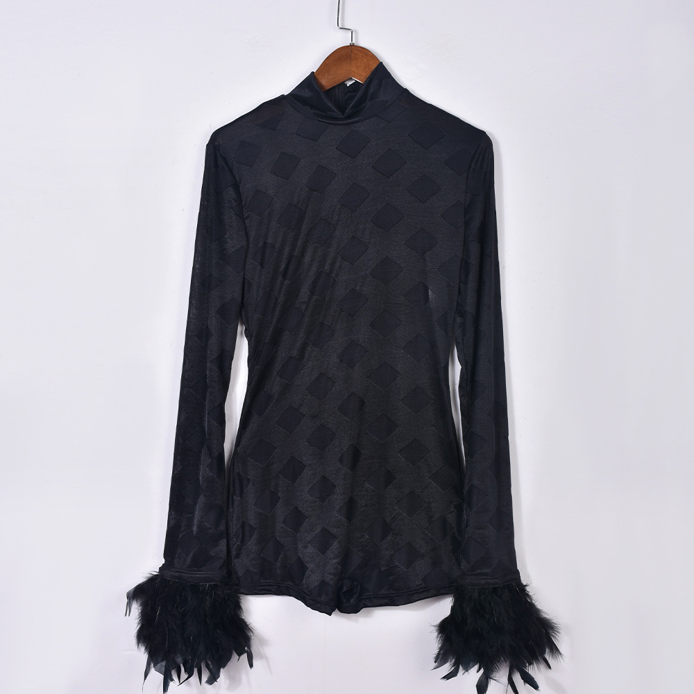Mono largo de manga larga con borlas de plumas transparentes, sexy, novedad de primavera 2025, venta al por mayor de ropa europea y americana para Amazon transfronterizo