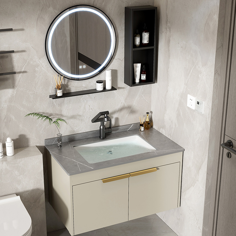 gabinete de baño de aluminio de roca espacial lavabo cerámico todo en uno lavabo lava