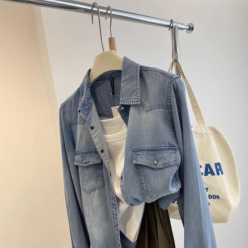 Soft Tencel Denim Shirt! Spring and Autumn Retro Versatile Slimming Look Lapel Layered Long-Sleeved Shirt Jacket Light Color for Women