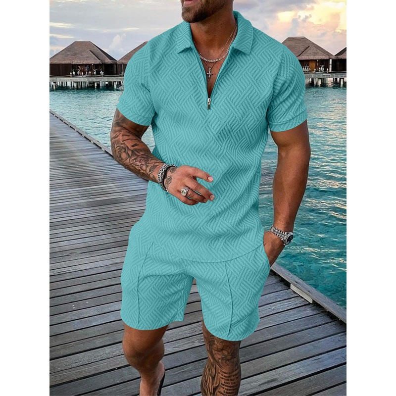 2022 cross-border European and American men's new independent station supply casual contrast color POLO zipper POLO shirt short sleeve suit