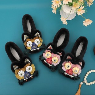 Cloth Shoes Adult Tiger Head Shoes 2024 New National Fashion Retro Ethnic Style Flat Women's Cotton Shoes 317-56
