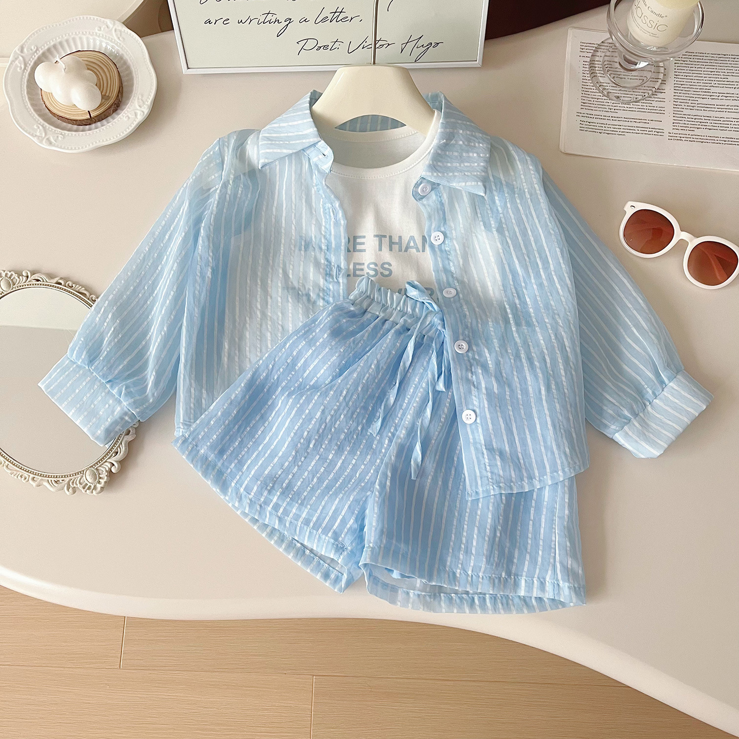 Girls' suit 2024 Summer New Korean Style Children's Striped Sunscreen Long Sleeve Shirt Vest Shorts Three-piece Set