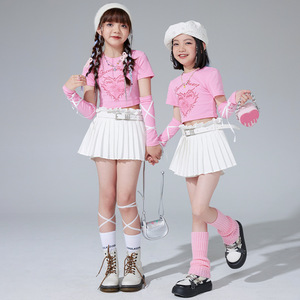 Girls pink jazz dance outfits rappers singers gogo dancers dance costumes model show clothes for girls hip-hop cheerleaders school performance uniforms for kids
