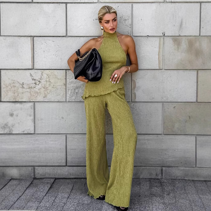 French-Style Fashion Green Pleated Suit 2026 Spring/Summer Foreign Trade Halter Top Wide-Leg Pants Two-Piece Set Commuter Women's Clothing