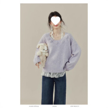 欧阳希《美奈子》慵懒风紫色毛衣巨好看的两件套早秋长袖针织上衣