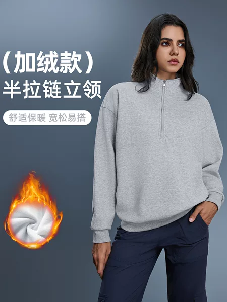 Half-Zip Fleece-Lined Thickened Stand-Collar Sweatshirt for Women, Autumn and Winter Warm Casual Loose Solid Color Pullover Top Trendy D25154