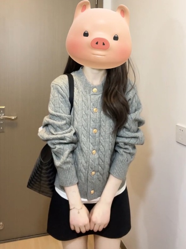 灰色麻花针织开衫女春秋秋季学院风外搭软糯毛衣外套短款上衣秋冬|undefined
