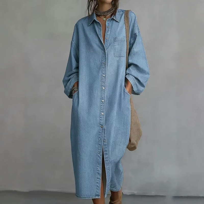 In-Stock Hot-Selling Amazon Cross-Border European and American Simple Retro Lapel Single-Breasted Loose Denim Shirt Dress