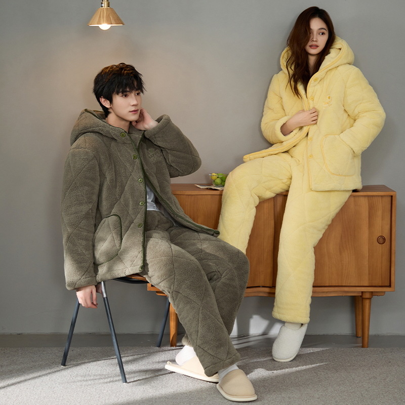 Pajamas de pareja de algodón para hombres y mujeres 2024 invierno más veludo engrosado cardigan con capuz de manga larga ropa de hogar conjunto de calor