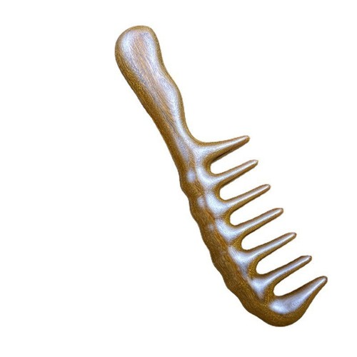 Golden Silk Sandalwood Thick Handle Acupressure Massage Carved Wooden Comb for Long Curly Hair, Scalp Acupoints Sandalwood Comb