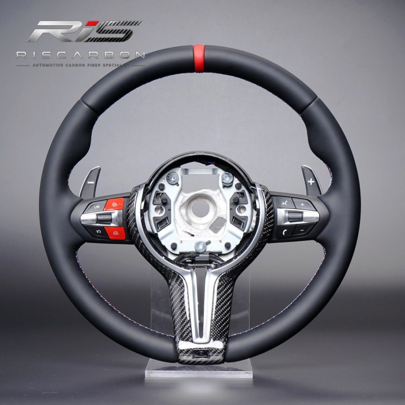 Compatible with BMW round silver carbon cover with red M logo steering wheel F30F10F11F15F16F20F25F48F01
