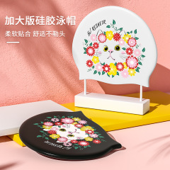 Direct factory sale silicone swimming cap with stylish printed large size ear protection large un tight head waterproof adult women's swimming cap