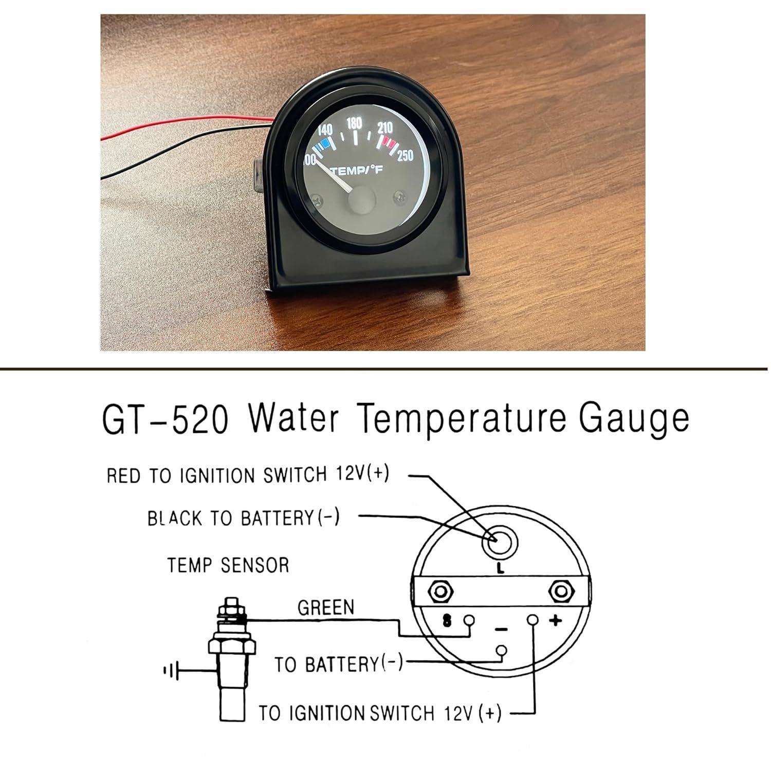 2-inch 52MM 12V black car water temperature gauge modified car instrument Fahrenheit 100-250 with sensor