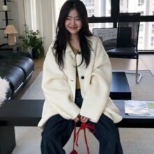 尺寸已更新 韩系简约翻领气质百搭温柔羊羔毛系扣大衣双口袋外套