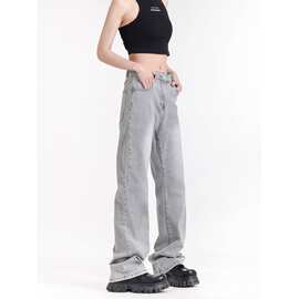 美式街头做旧时尚牛仔裤潮春秋直筒宽松欧美高街vibe风子oversize