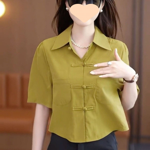 Women's Summer 2025 Retro Chiffon Shirt with National Style Buttoned Collar, Bubble Sleeve Short Top, Plain Color European Style
