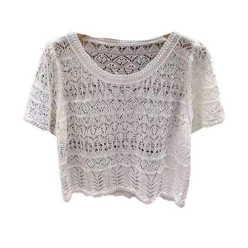 Summer New Arrival Lacehole Thin Short Sleeve Knit Top Women's Quality Elegant Style Loose Casual Trendy French Style Top