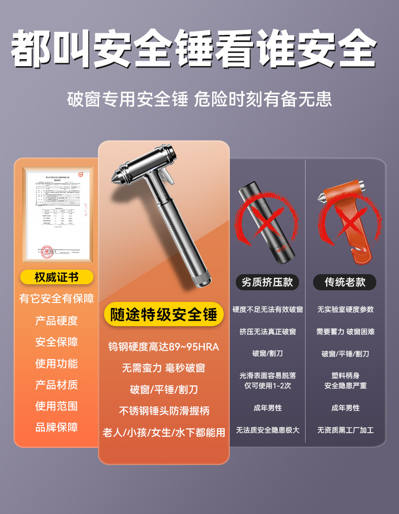 Car Safety Hammer, Escape Hammer, Car Window Breaker, Glass Shatterer, Multifunctional Car Safety Belt, Emergency Partition Knife