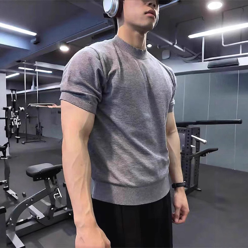 Men's Cool Breathable Slim-Fit Short-Sleeve Turtleneck Knit Sweater Made of Mulberry Silk, Mercerized Cotton, and Ice Silk Core-Spun Yarn