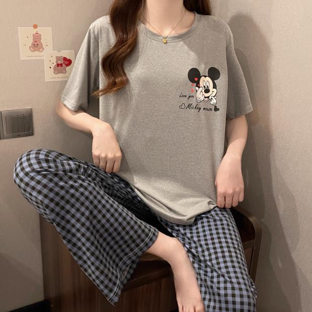 회색 사랑 작은 미키 블랙 블루 체크 무늬 반바지와 긴